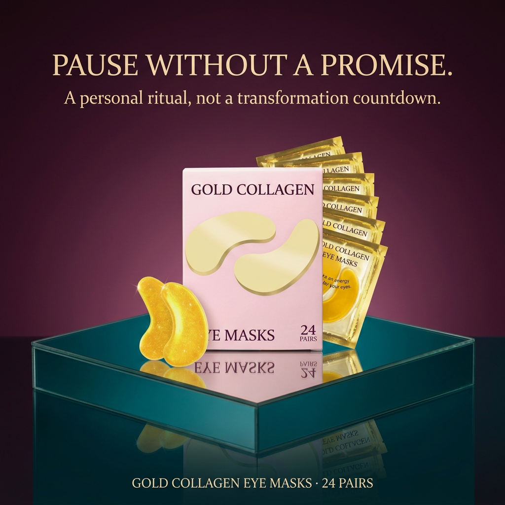Pause without a promise gold collagen eye mask closing graphic