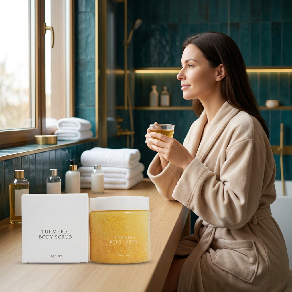 Adult woman beside a vanity displaying turmeric body scrub