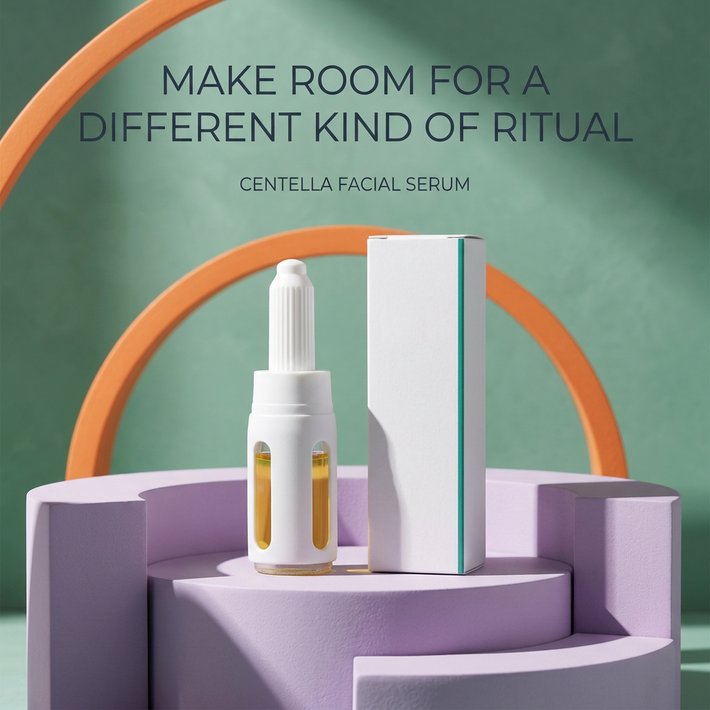 Centella bottle and carton in a colorful lilac mint and tangerine studio setting