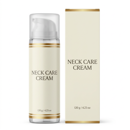 Neck care cream bottle and carton on pure white background