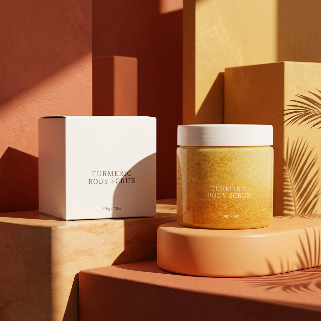 Golden turmeric body scrub in a warm coral studio setting
