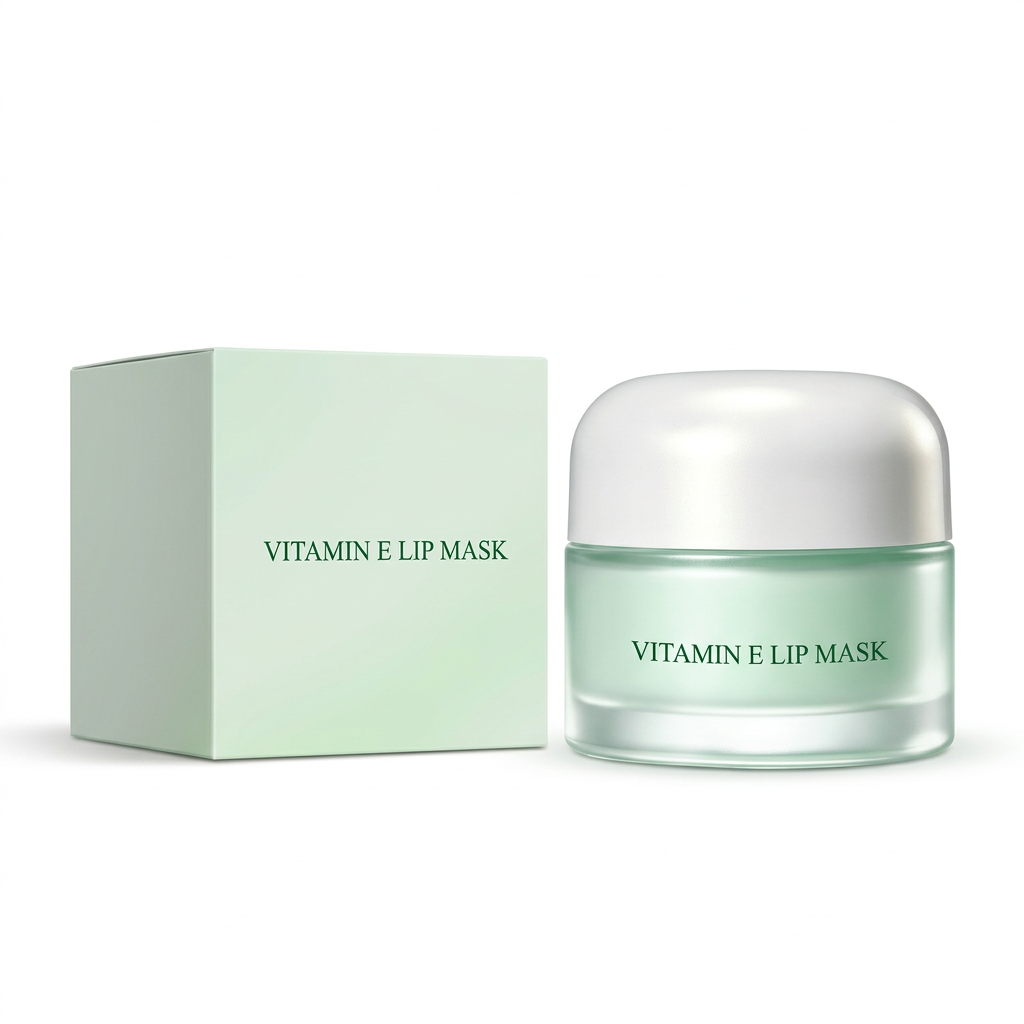 Vitamin E lip mask jar and mint carton on white background