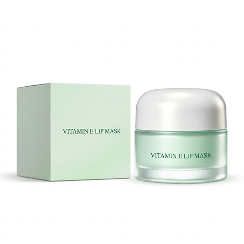 Vitamin E lip mask jar and mint carton on white background