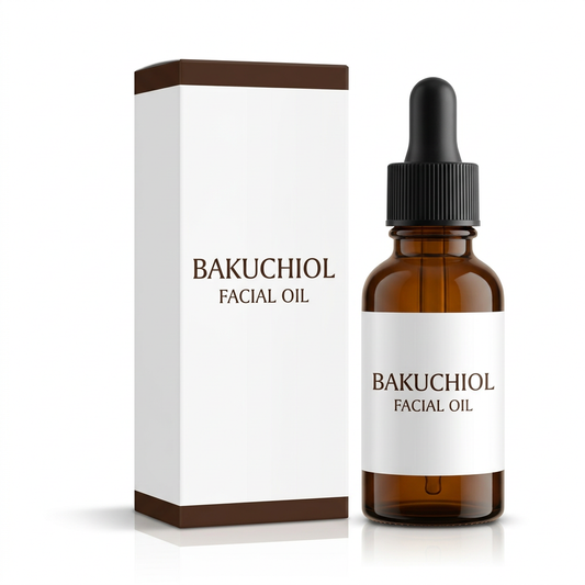 Bakuchiol facial oil amber dropper bottle and matching carton on white