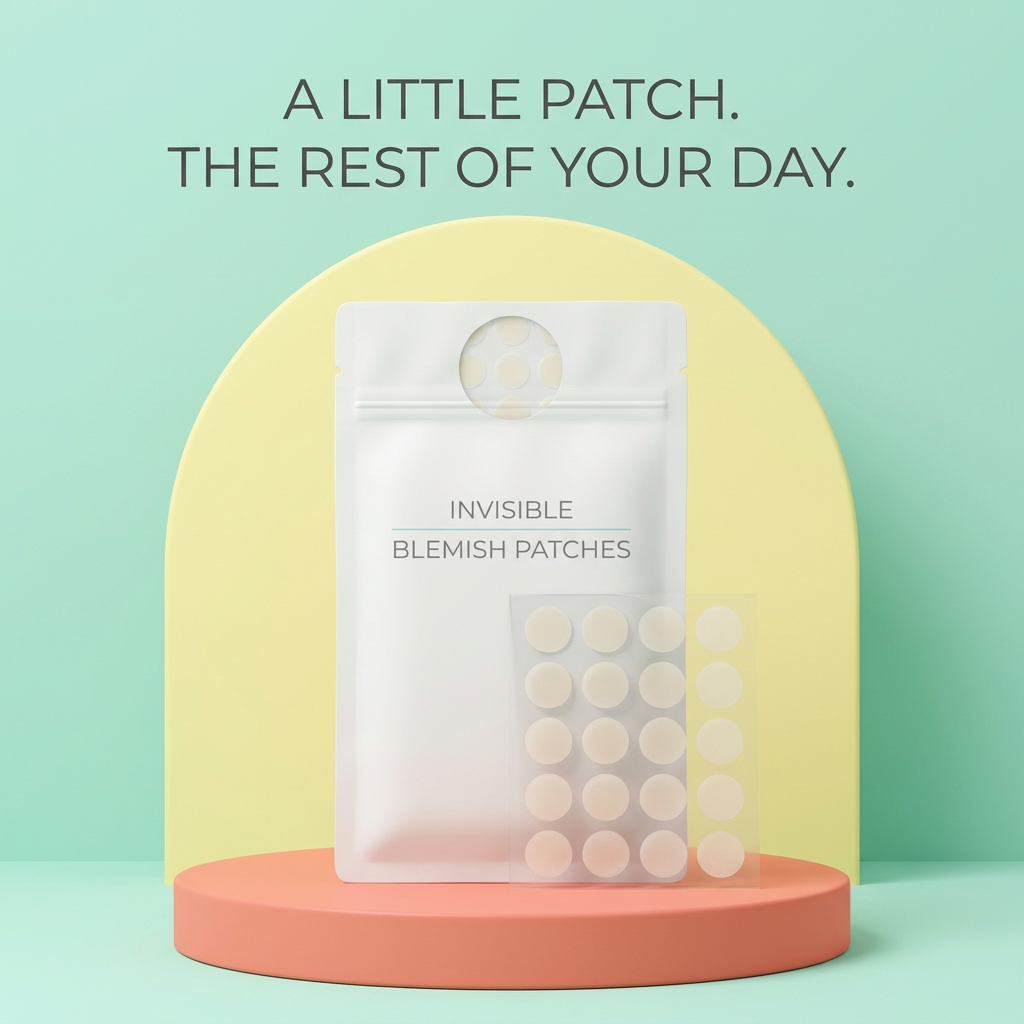 Blemish patch pouch and sheet on coral podium with mint and lemon accents