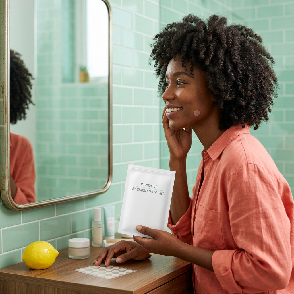 American adult model holding the pouch with a subtle visible cheek patch