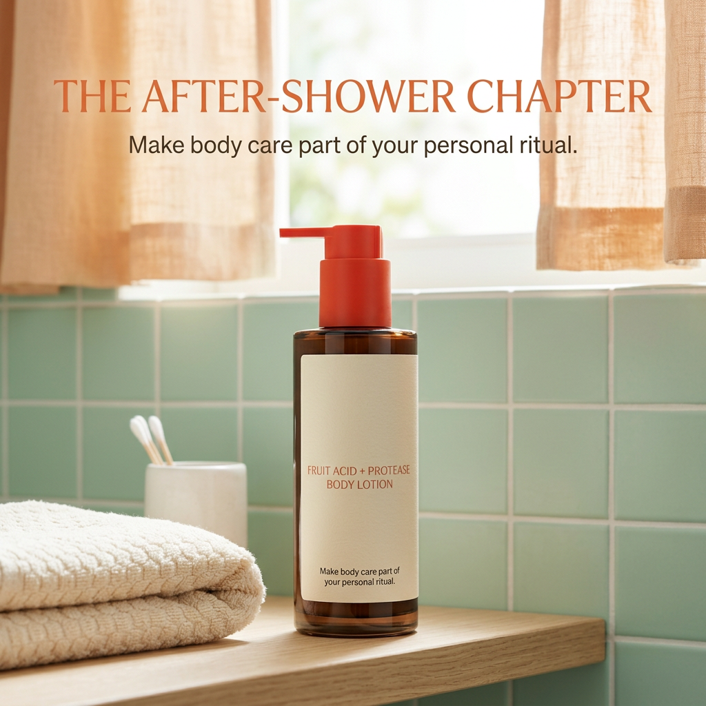 Body lotion on a mint tiled bathroom shelf