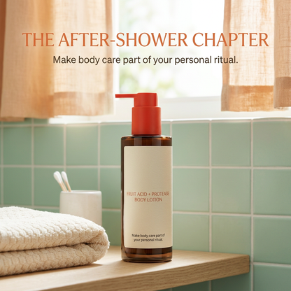 Body lotion on a mint tiled bathroom shelf