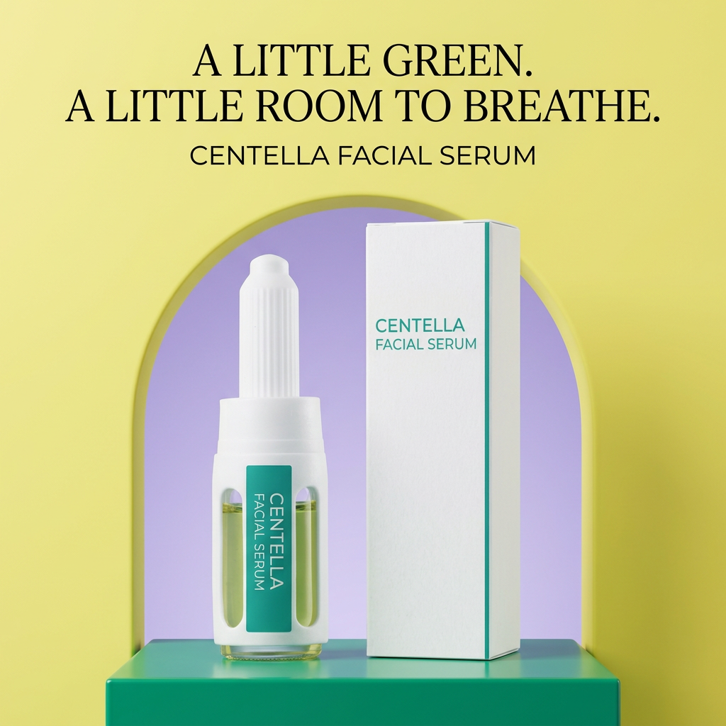 Centella serum hero image with emerald podium lemon arch and lavender background