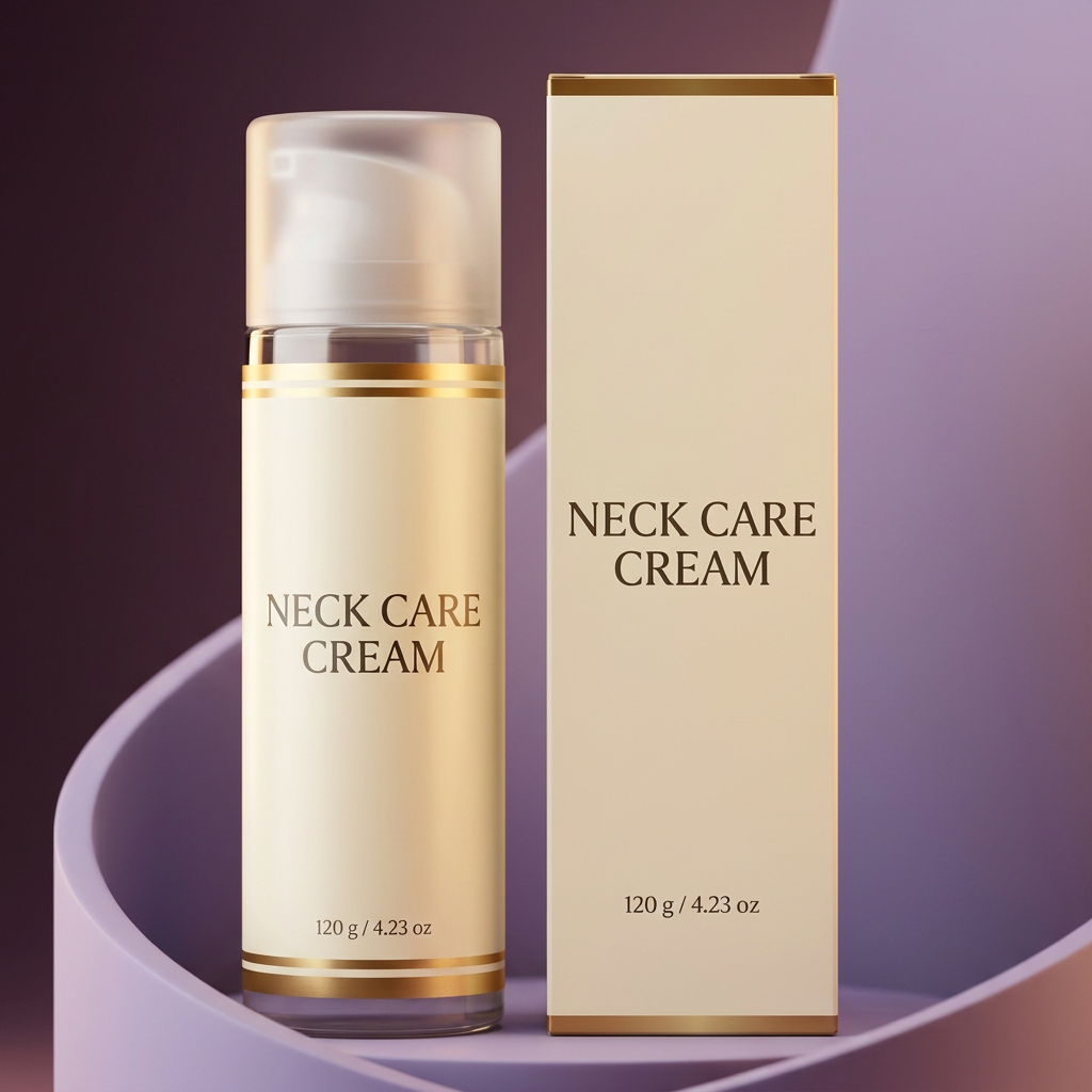 Ivory and gold neck care cream on lavender podium