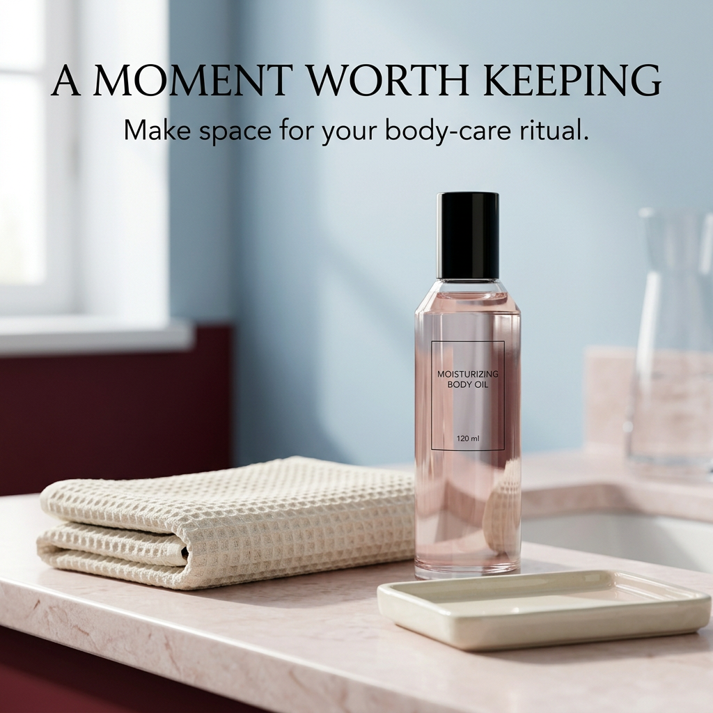 Body oil beside cream towels in a blush bathroom