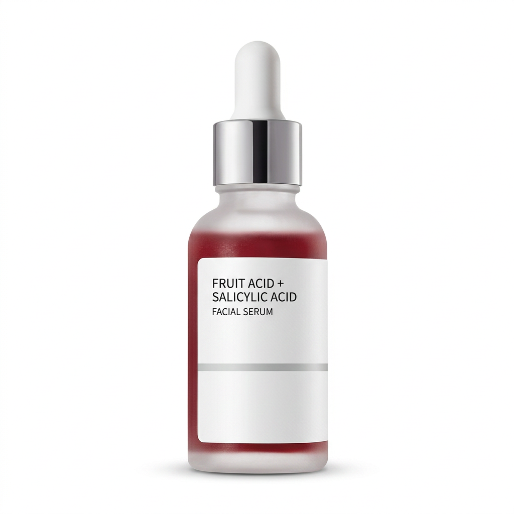 Fruit acid and salicylic acid serum bottle with silver collar on white