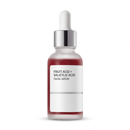 Fruit acid and salicylic acid serum bottle with silver collar on white