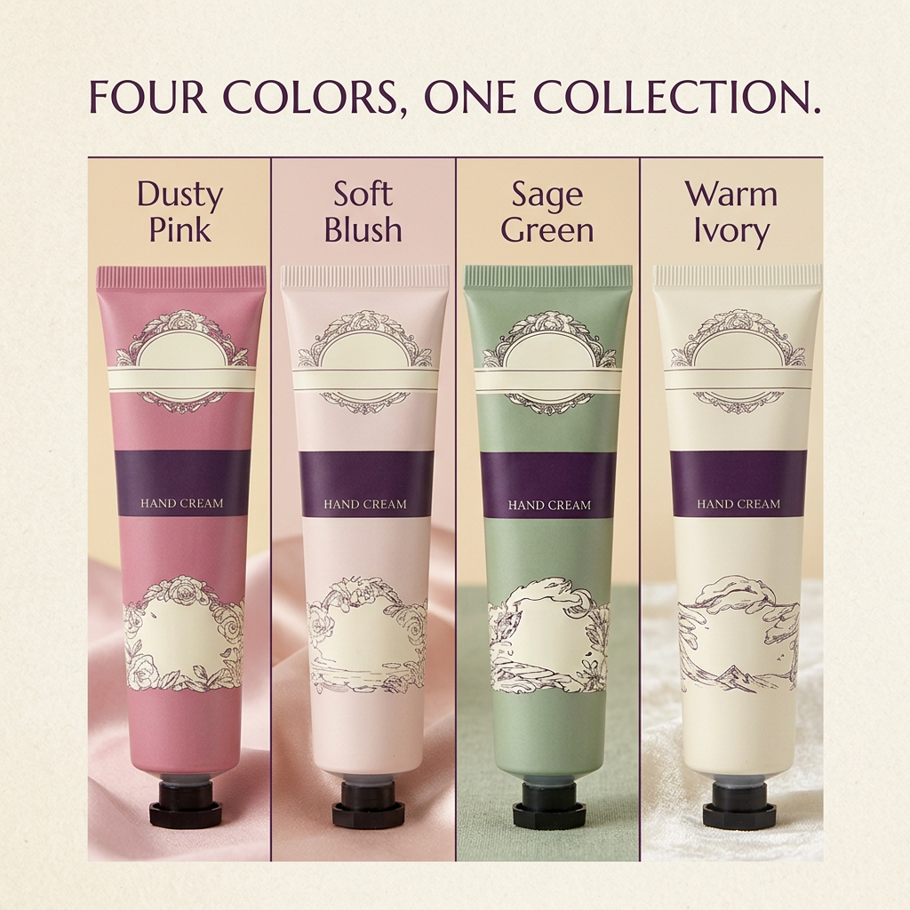 Hand cream collection in a colorful overhead arrangement