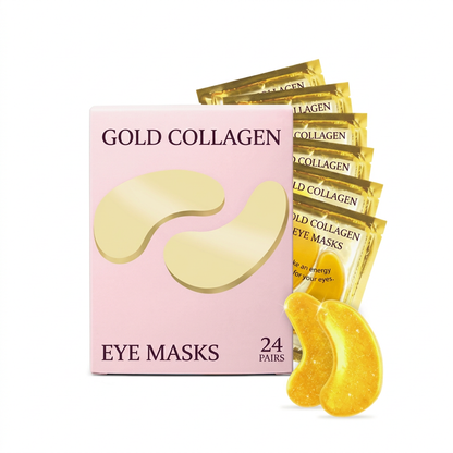 Gold collagen eye masks pink carton gold sachets and crescent pair on white