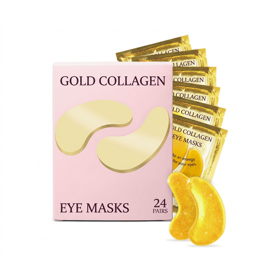 Gold collagen eye masks pink carton gold sachets and crescent pair on white