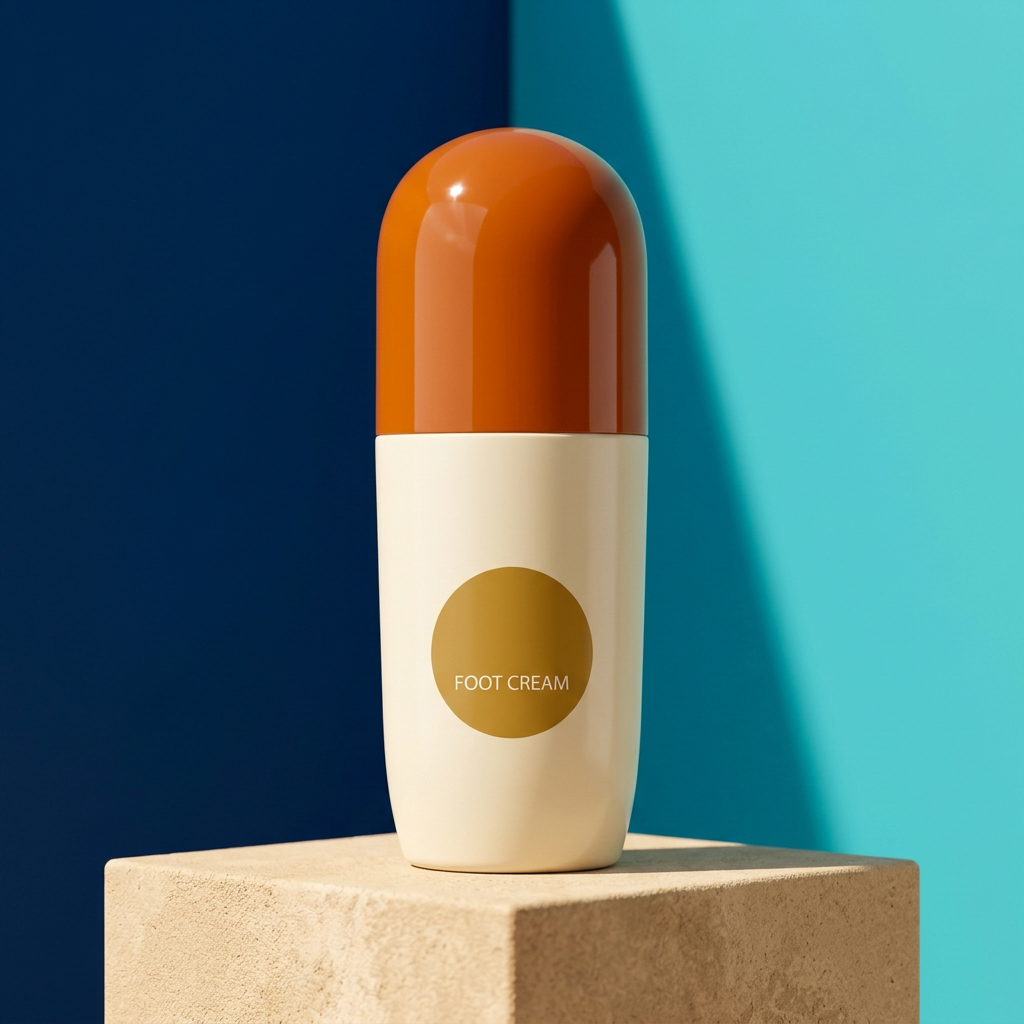 Foot cream on a sand pedestal against navy and turquoise