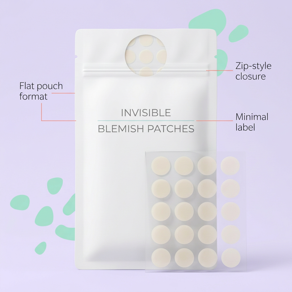 Flat white pouch zip-style closure and minimal label details