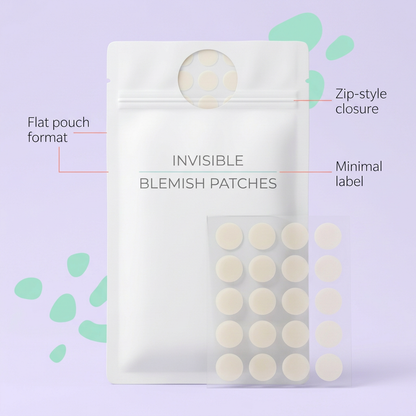Flat white pouch zip-style closure and minimal label details