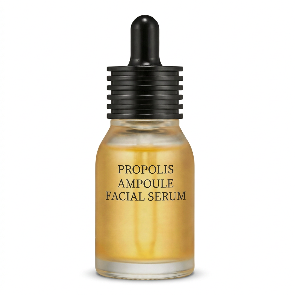 Propolis facial ampoule with a black ribbed dropper on a pure white background