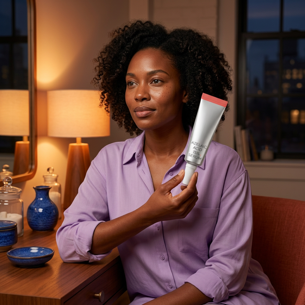 American adult model holding serum at a warmly lit vanity