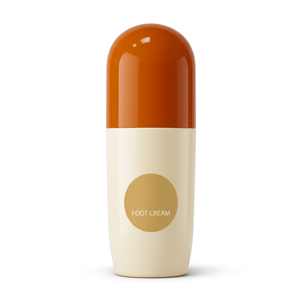 Orange dome cap and ivory foot cream container on white background