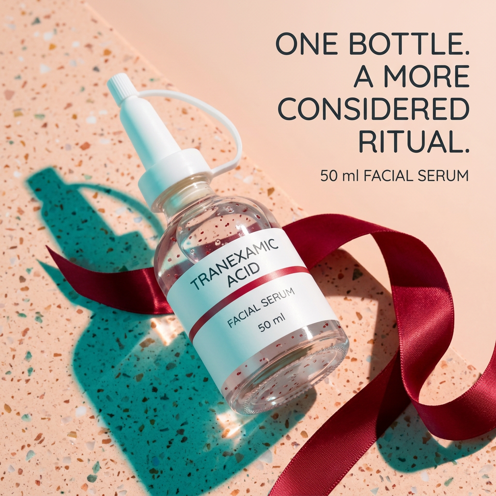 Tranexamic acid serum with peach and crimson sculptural styling