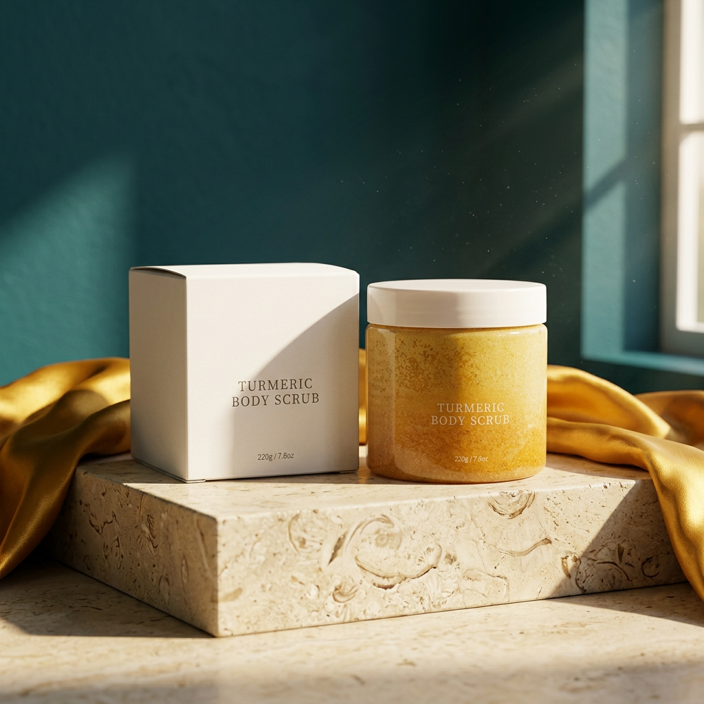 Turmeric body scrub on cream stone against a teal backdrop