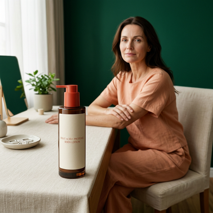 Adult woman seated beside body lotion in a sunny dressing room