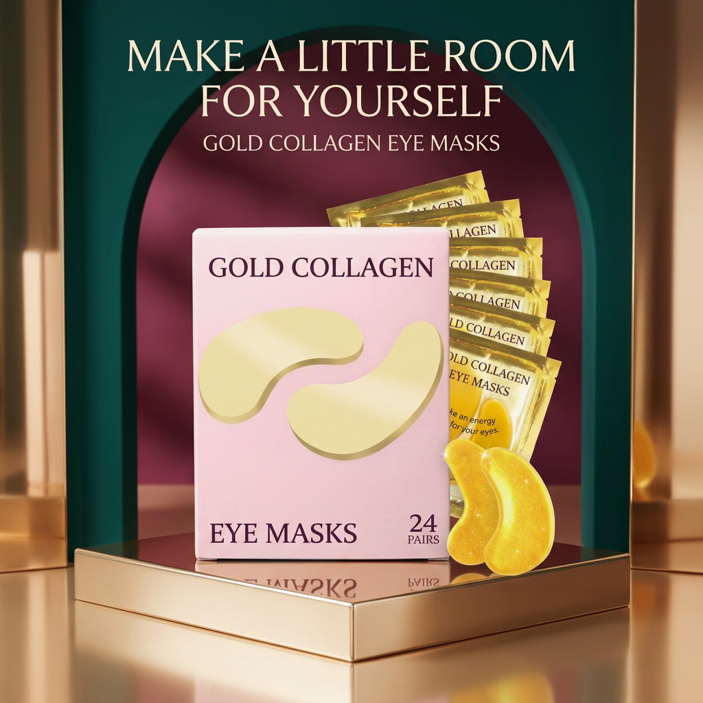 Pink eye mask box and gold sachets in a colorful luxury studio setting