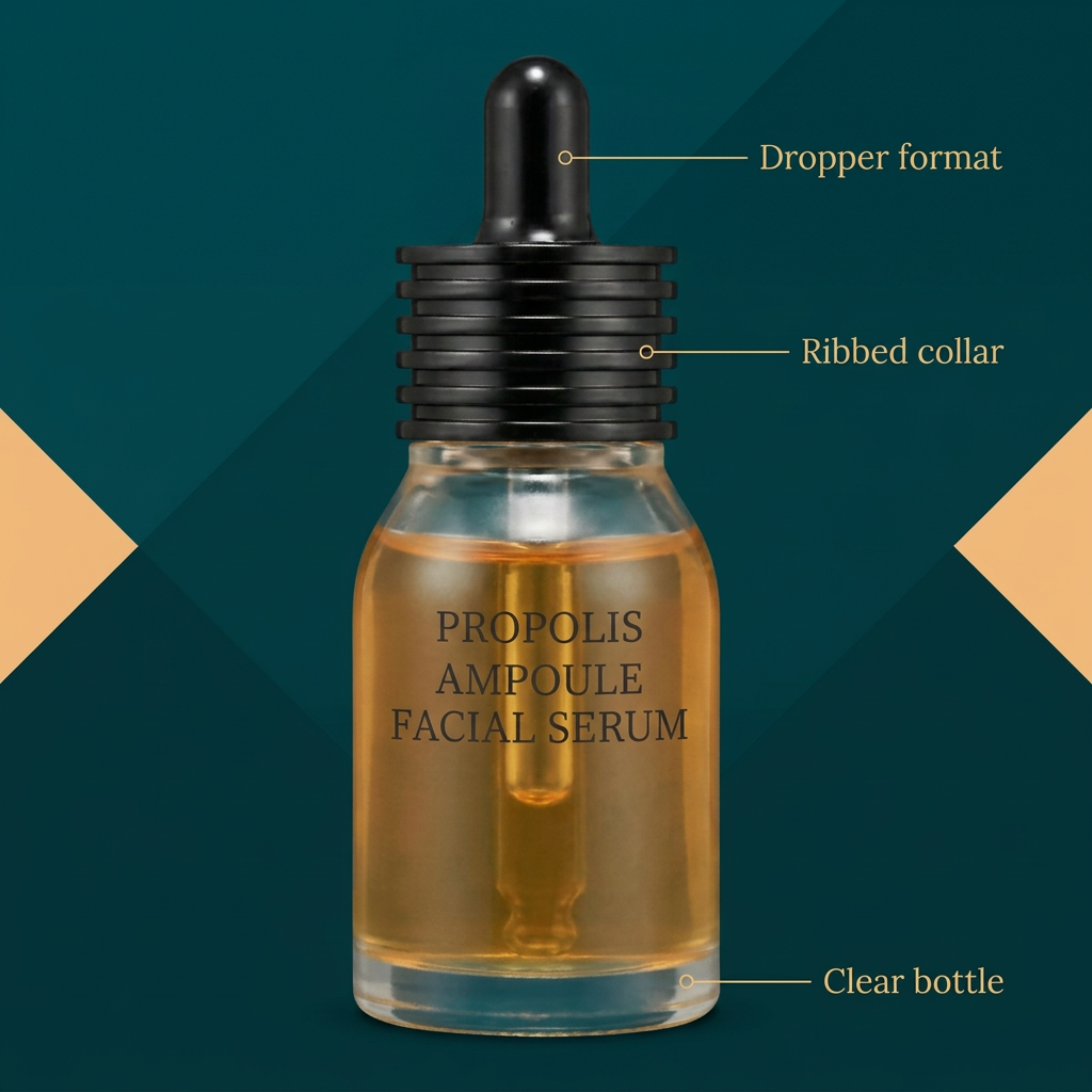 Dropper ribbed collar and clear bottle packaging details