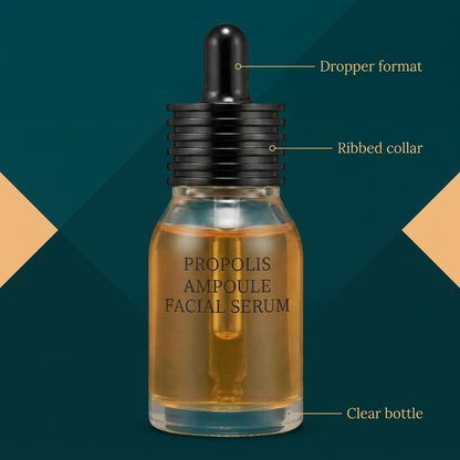 Dropper ribbed collar and clear bottle packaging details