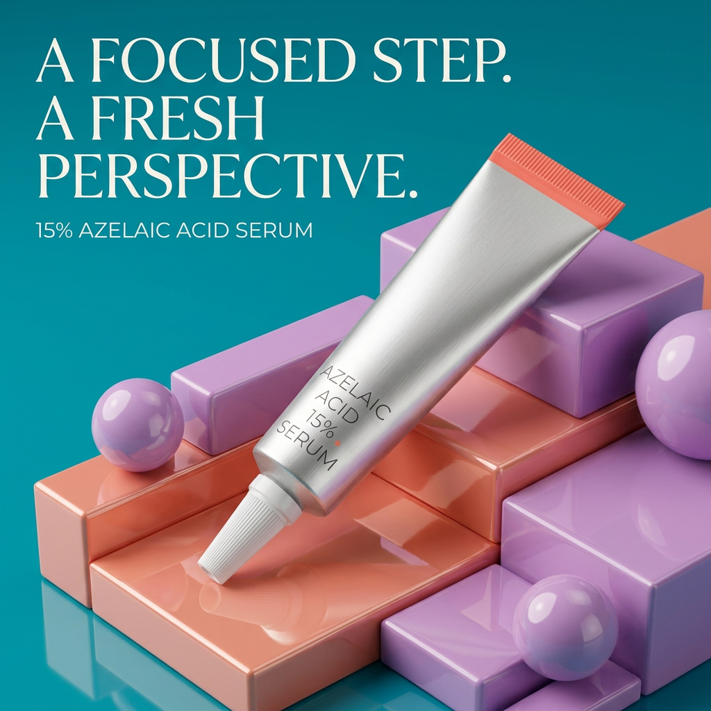Azelaic acid serum hero image with coral peach and lilac podium